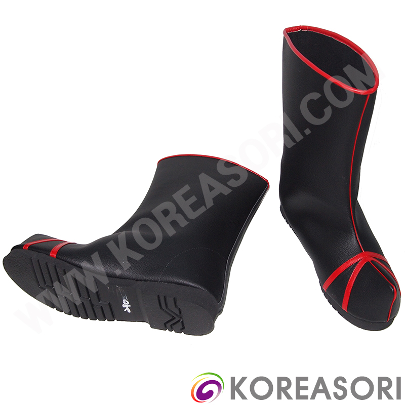 빨간띠 검정색 인조가죽 중간목 일체형 굽있는 목화 전통신발 궁중신발 한복신발