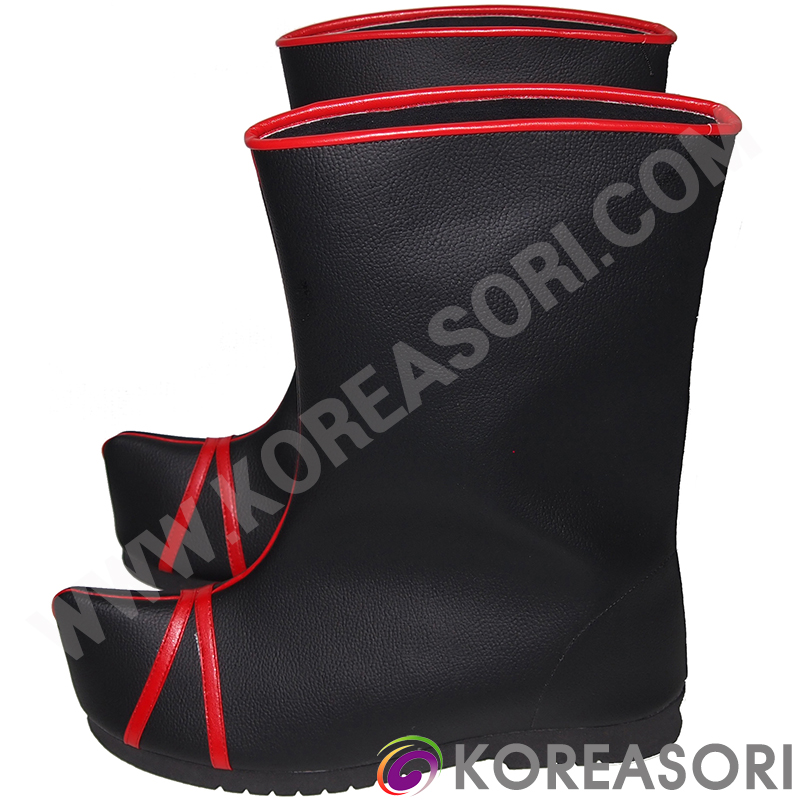 빨간띠 검정색 인조가죽 중간목 일체형 굽있는 목화 전통신발 궁중신발 한복신발