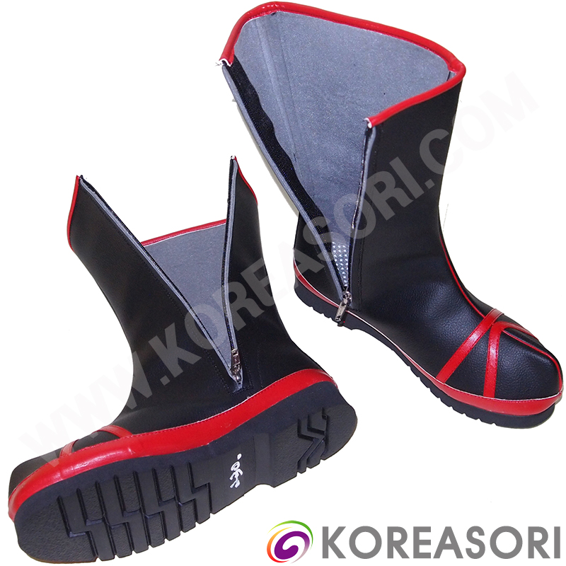 빨간띠 검정색 인조가죽 중간목 지퍼형 굽있는 목화 전통신발 궁중신발 한복신발