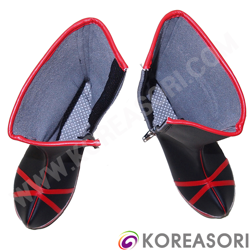 빨간띠 검정색 인조가죽 중간목 지퍼형 굽있는 목화 전통신발 궁중신발 한복신발